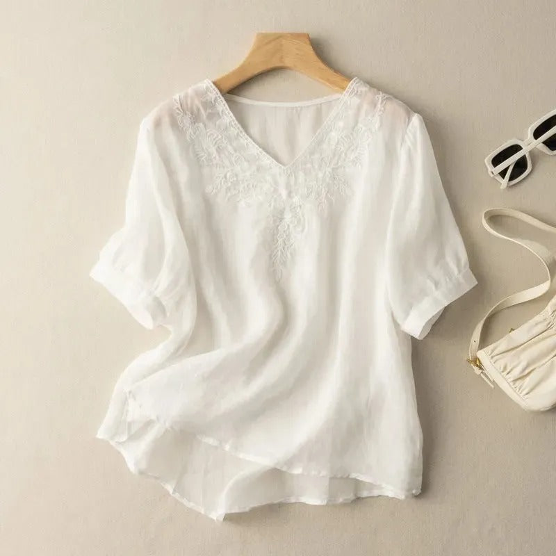 Blusa mujer cuello V bordado lino estilo bohemio - Natalia
