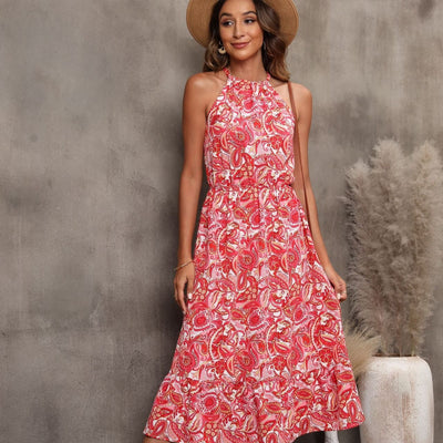 Vestido midi para mujer de estampado floral estilo halter sin mangas - Mariela