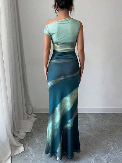 Vestido largo mujer efecto tie-dye hombro asimétrico - Natalia