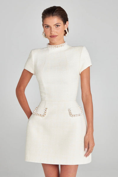 Vestido corto mujer tweed elegante con perlas  - Clarisse