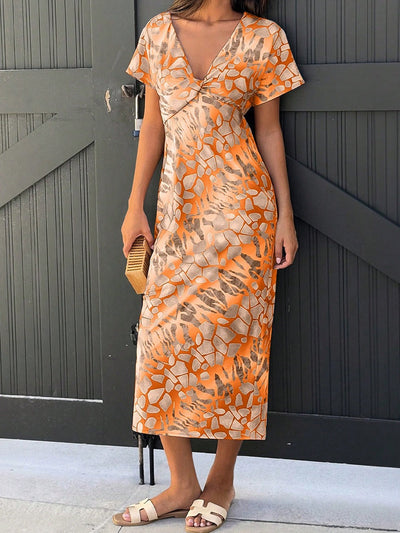 Vestido midi mujer estampado abstracto escote en V - Renata