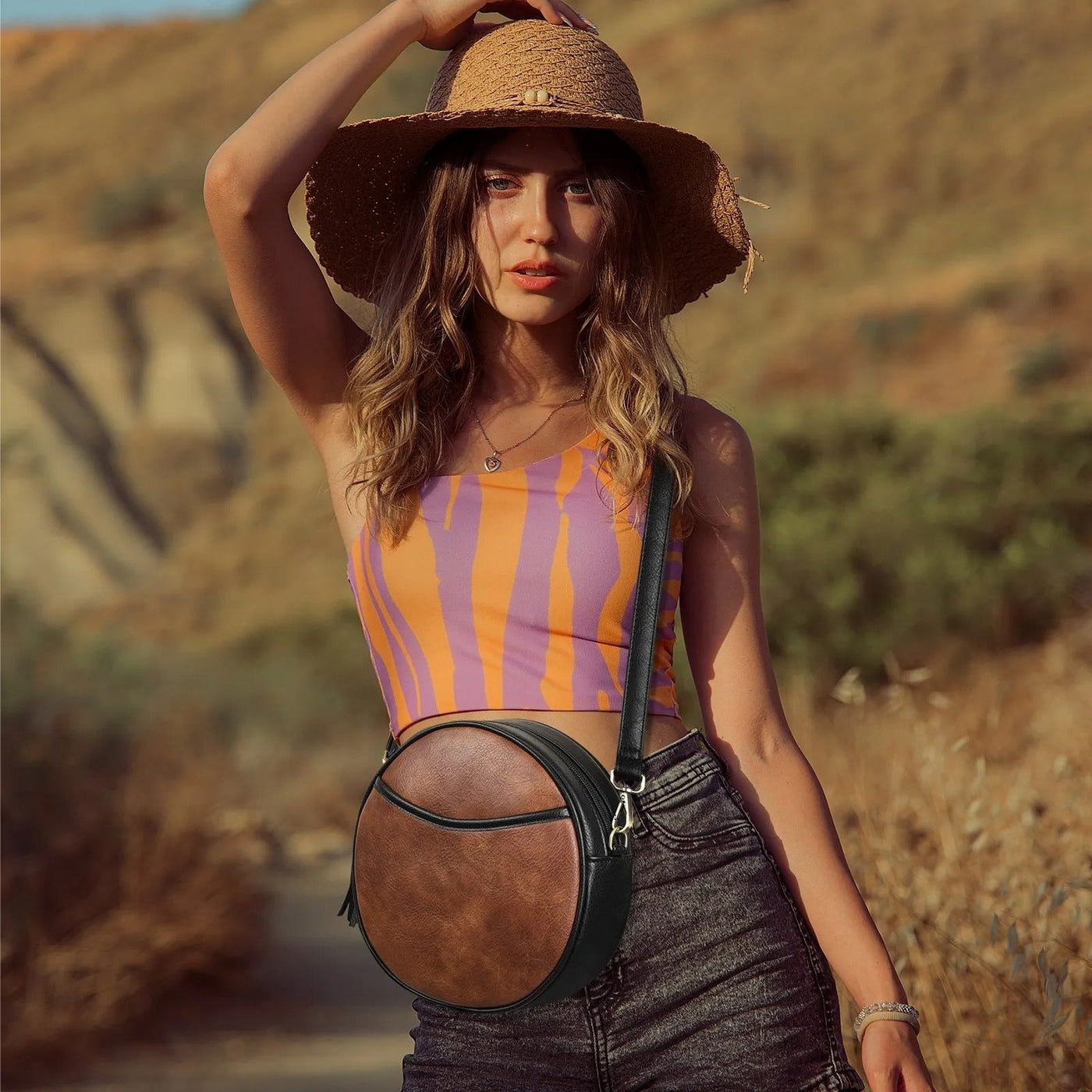Bolso bandolera mujer diseño redondo efecto cuero vintage - Noelia