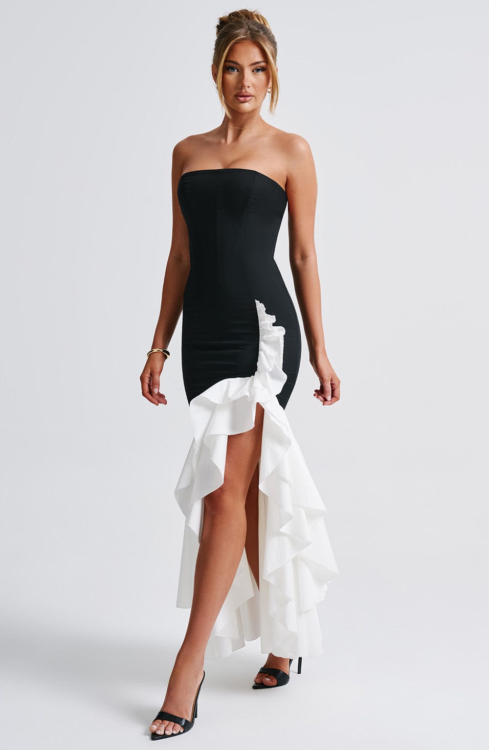 Darlene - Vestido elegante sin tirantes con abertura lateral