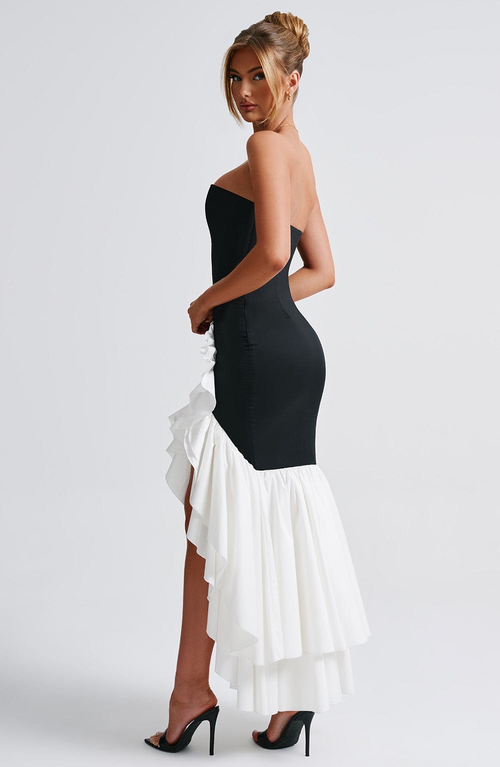 Darlene - Vestido elegante sin tirantes con abertura lateral
