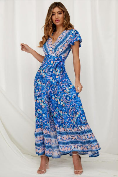 Aixa - Maxi vestido estampado con volantes y efecto envolvente