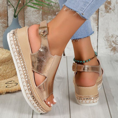 Sandalias para mujer acabado brillante con cuña trenzada - Celeste