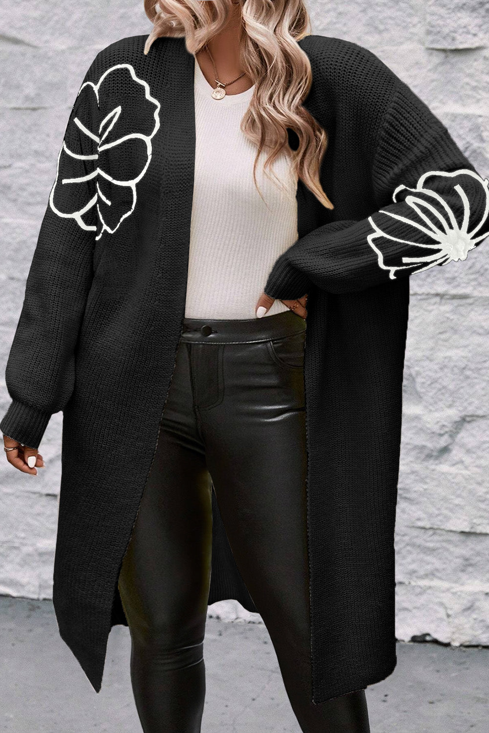 Arleth Flower Embroidered Drop Shoulder Open Duster Cardigan