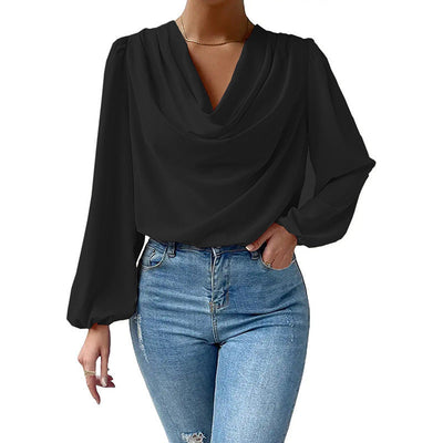 Lea - Elegante blusa de gasa para mujer con cuello paloma y mangas largas