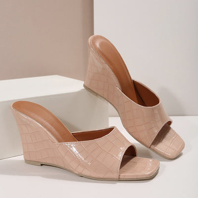 Sandalias para mujer de tacón cuña con textura cocodrilo abierta - Noelia