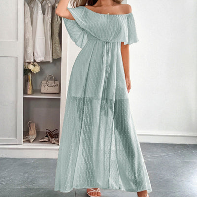 Vestido largo para mujer de gasa plumeti con escote barco estilo fluido - Noelia