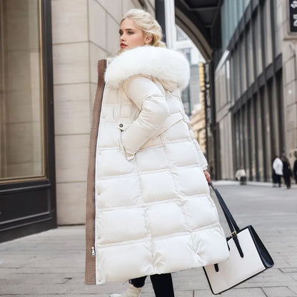 Bonnie - Abrigo largo de invierno para mujer con capucha de piel y cinturón