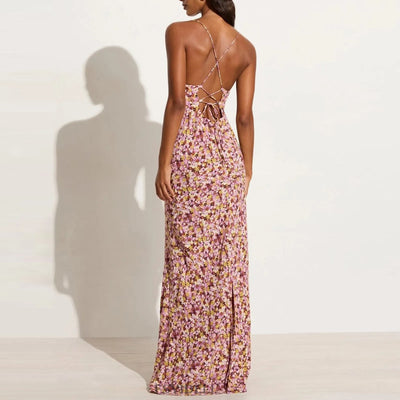 Lenay - Vestido largo de tirantes con estampado floral cruzado y fluido