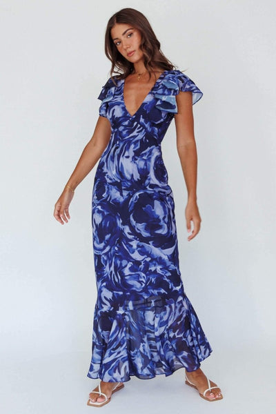 Cecil - Vestido Maxi Estampado con Volantes y Escote en V