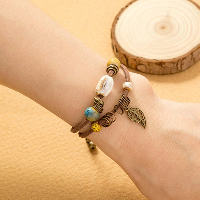 Pulsera mujer bohemia artesanal cuero con cuentas cerámicas - Lantana