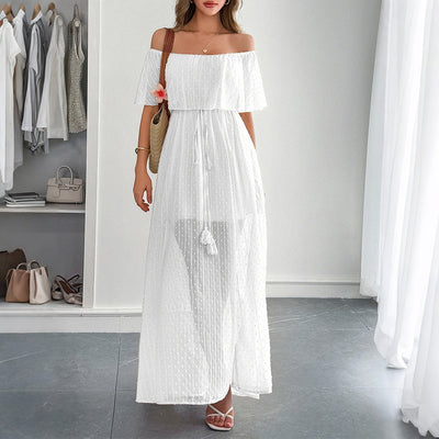 Vestido largo mujer gasa plumeti escote bardot - Julieta