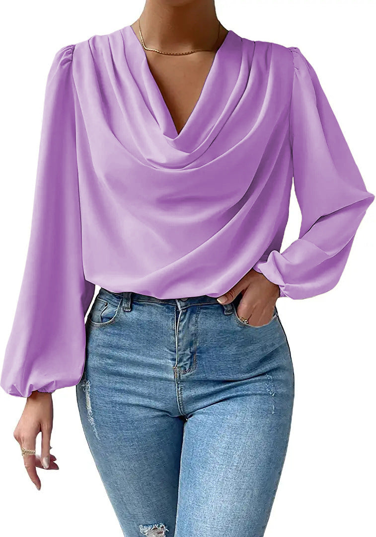 Lea - Elegante blusa de gasa para mujer con cuello paloma y mangas largas