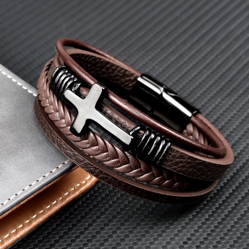 Pulsera hombre cuero trenzado con cruz acero - Sentinel