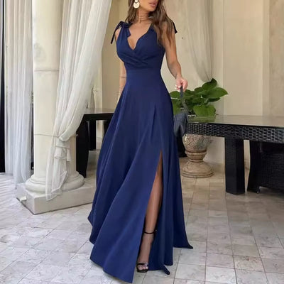 Vestido largo mujer sin mangas con abertura y escote en V - Elara