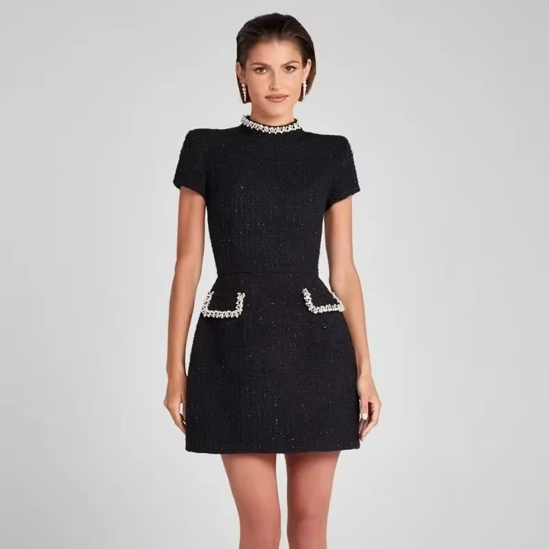 Vestido corto mujer tweed elegante con perlas  - Clarisse