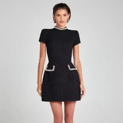 Vestido corto mujer tweed elegante con perlas  - Clarisse