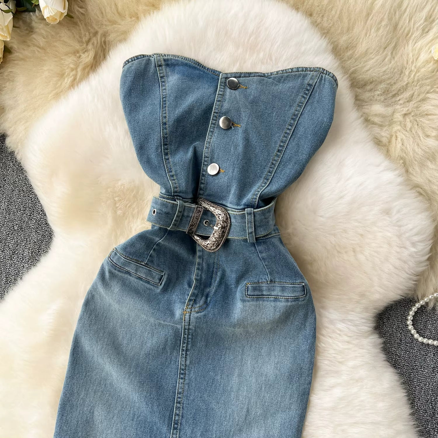 Vestido denim mujer palabra de honor con cinturón estilo western – Dakota