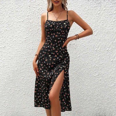 Vestido midi mujer tirantes lunares con abertura - Fiorella