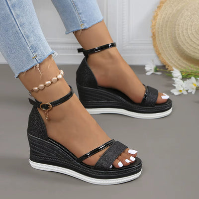 Sandalias mujer brillo elegante estilo cuña alta - Jimena