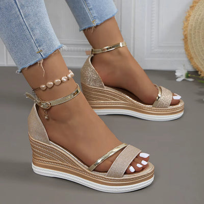 Sandalias mujer brillo elegante estilo cuña alta - Jimena
