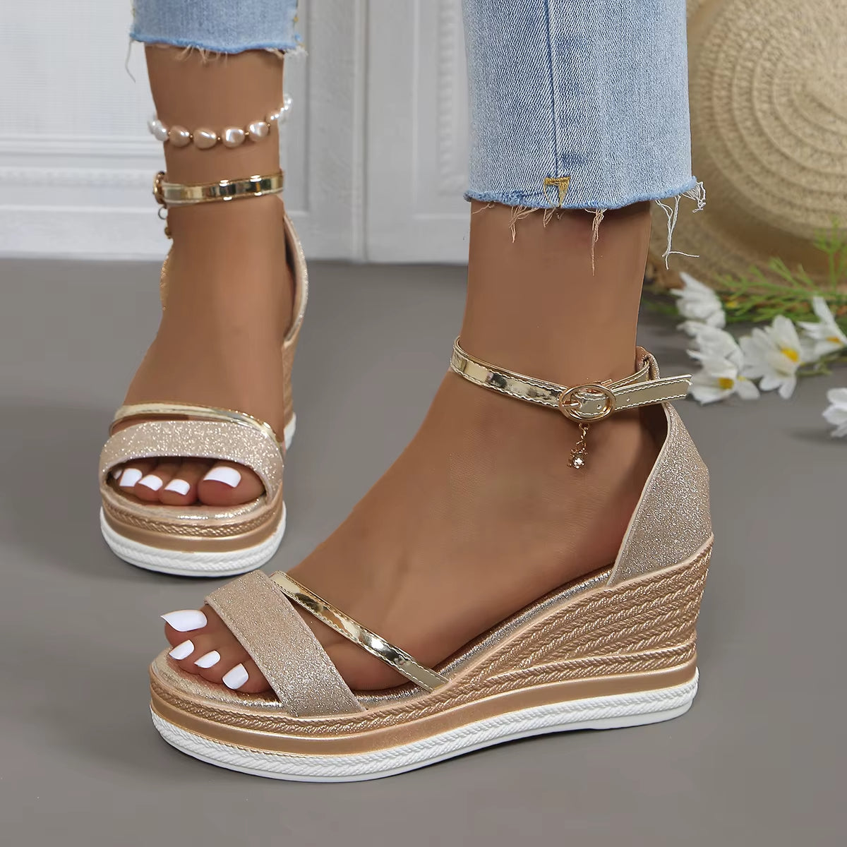 Sandalias mujer brillo elegante estilo cuña alta - Jimena