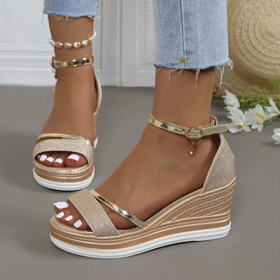 Sandalias mujer brillo elegante estilo cuña alta - Jimena