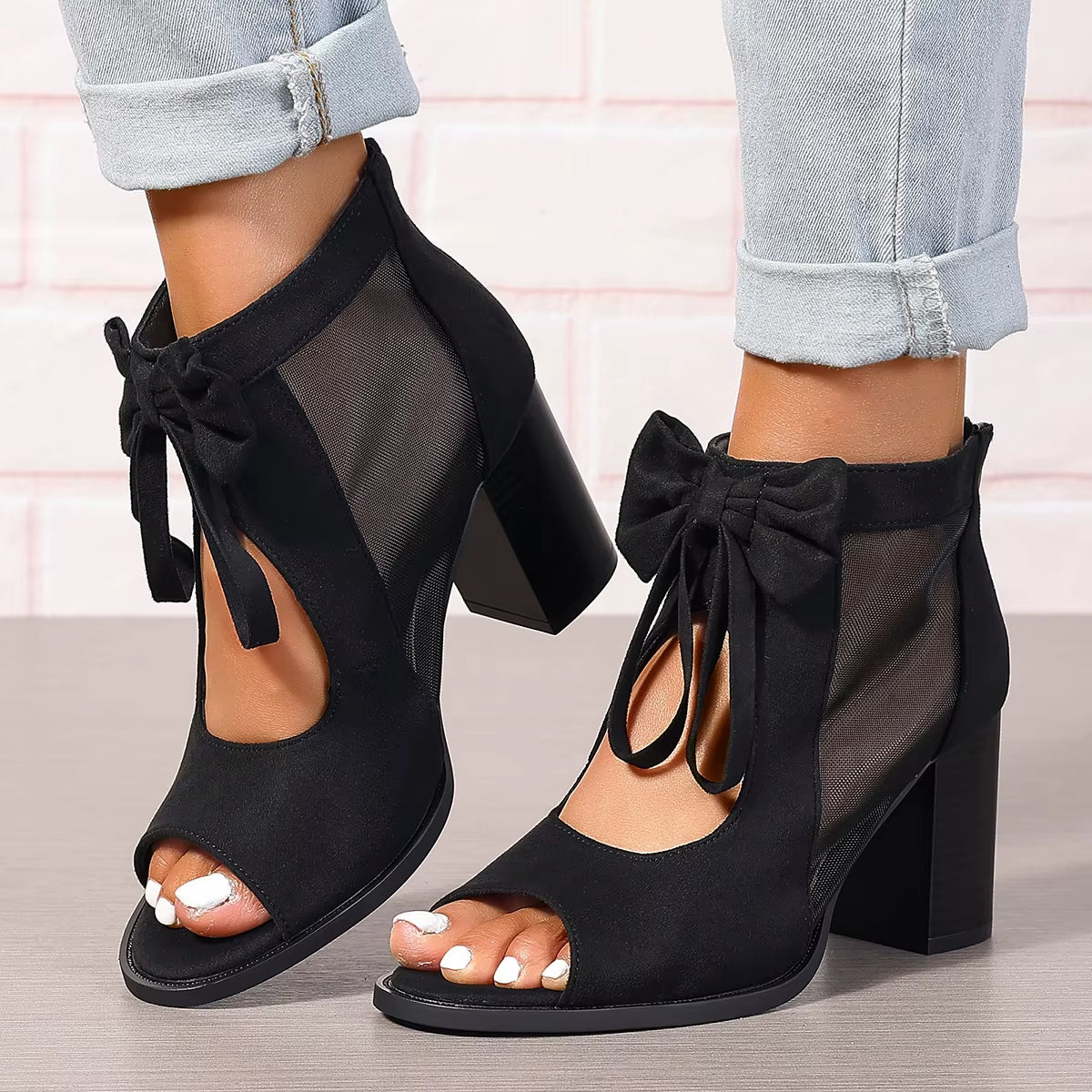 Sandalias de tacón para mujer con lazo y paneles de malla - Natalia