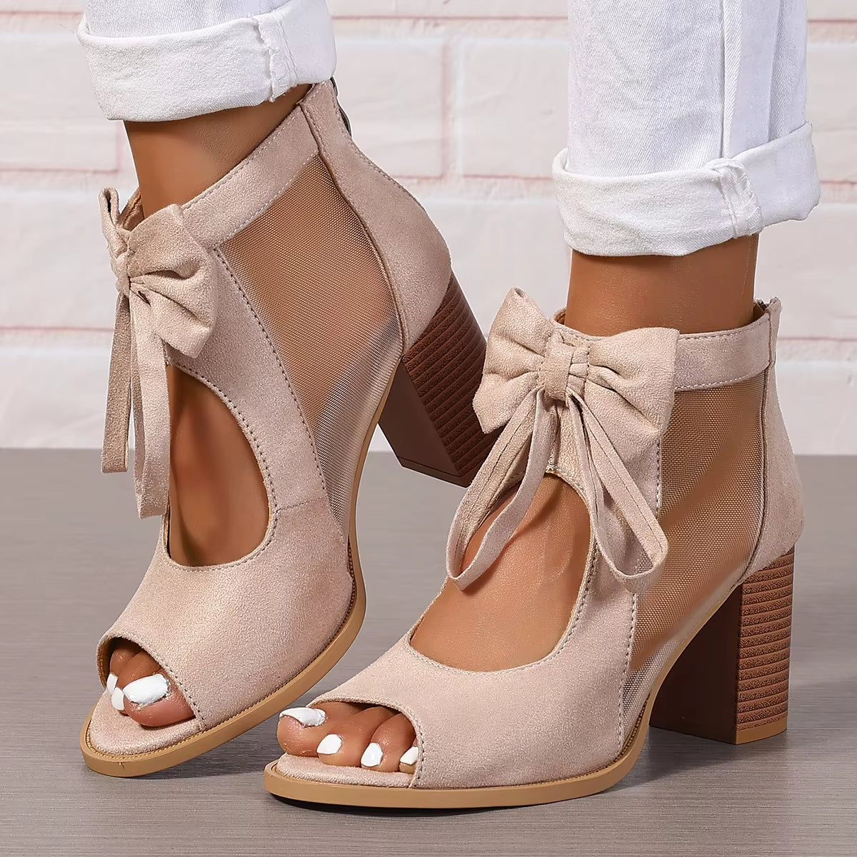 Sandalias de tacón para mujer con lazo y paneles de malla - Natalia