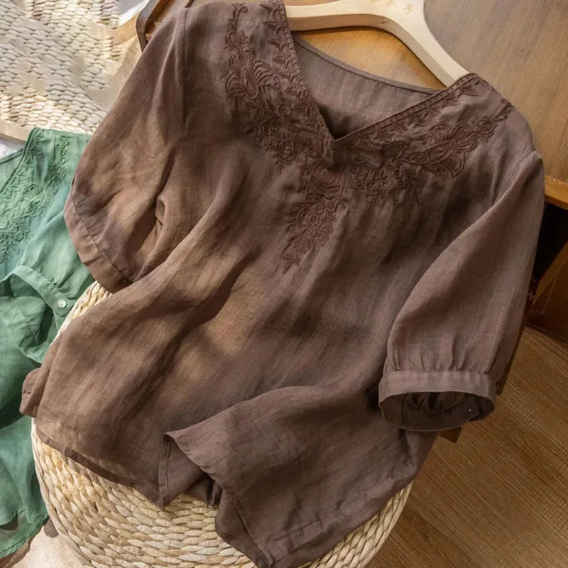 Blusa mujer cuello V bordado lino estilo bohemio - Natalia