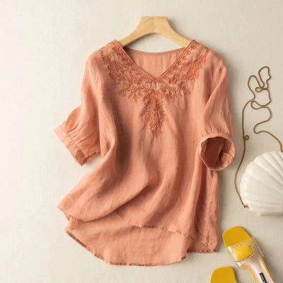 Blusa mujer cuello V bordado lino estilo bohemio - Natalia