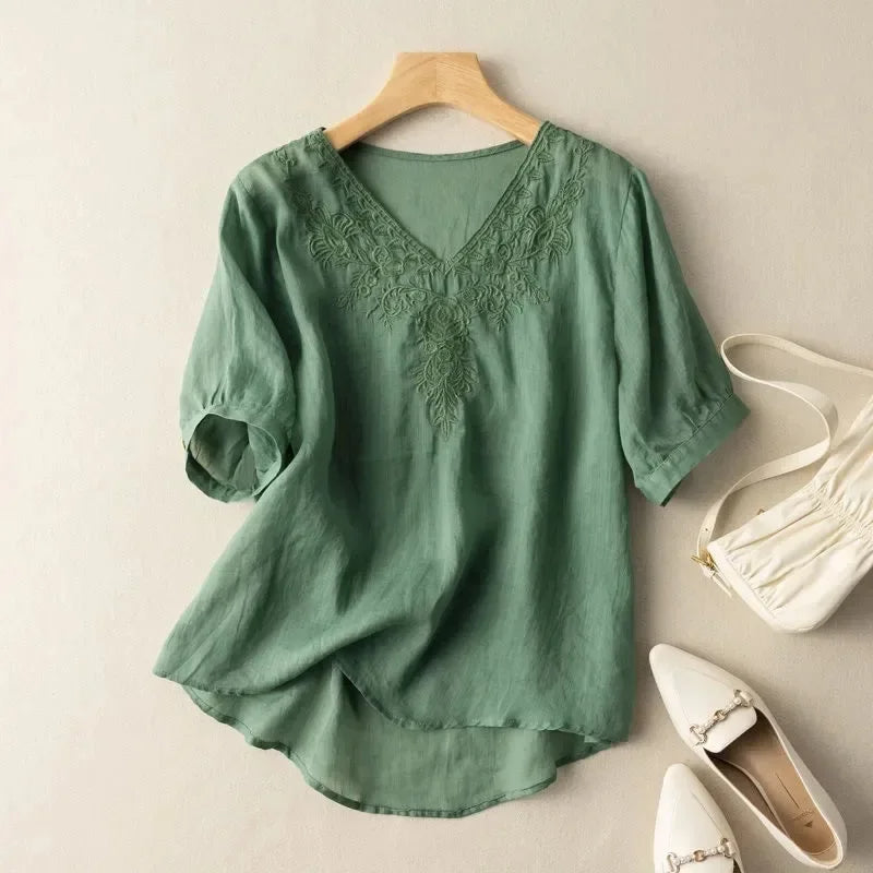 Blusa mujer cuello V bordado lino estilo bohemio - Natalia