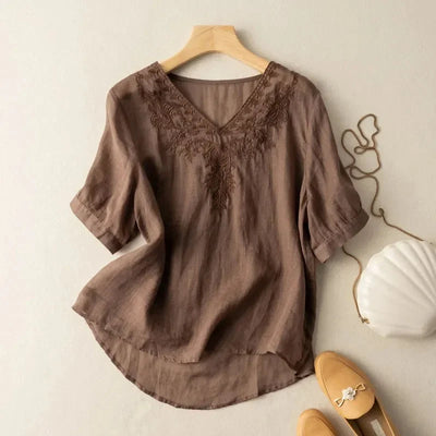 Blusa mujer cuello V bordado lino estilo bohemio - Natalia