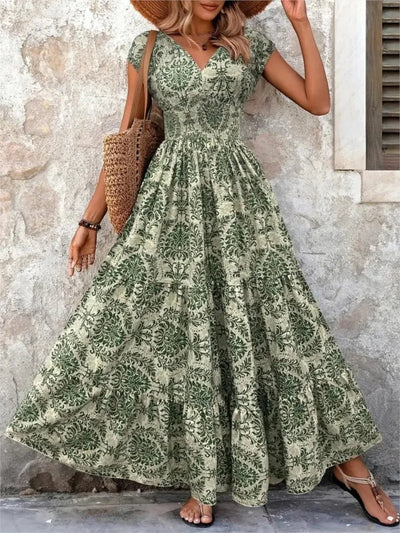 Vestido largo mujer estampado bohemio escote en V verde - Natalia