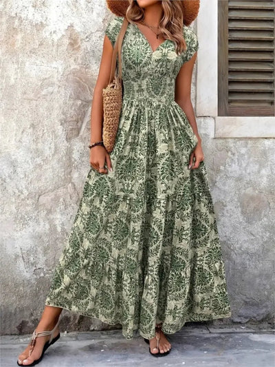 Vestido largo mujer estampado bohemio escote en V verde - Natalia