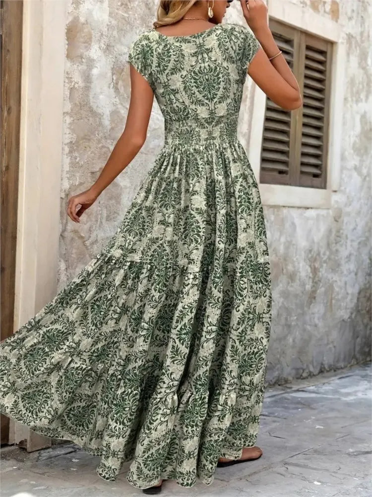 Vestido largo mujer estampado bohemio escote en V verde - Natalia