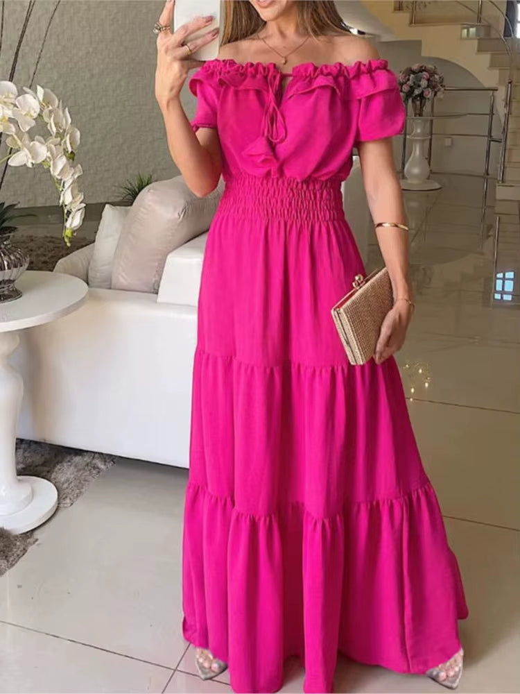 Vestido largo mujer hombros descubiertos con volantes - Malena