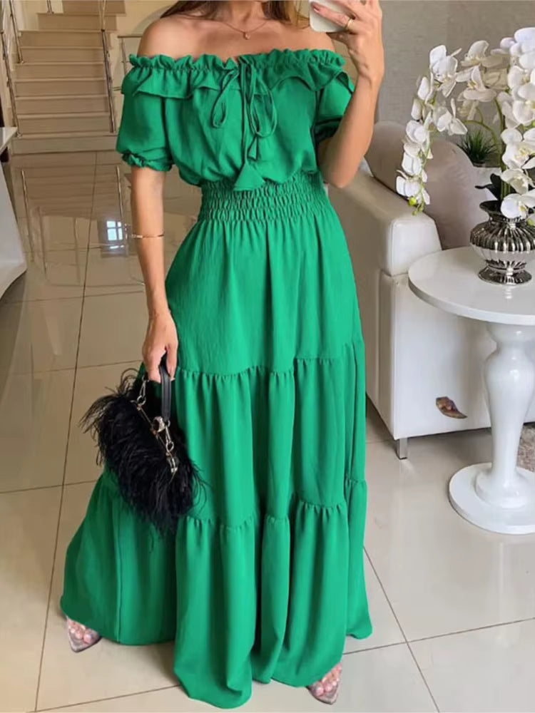 Vestido largo mujer hombros descubiertos con volantes - Malena