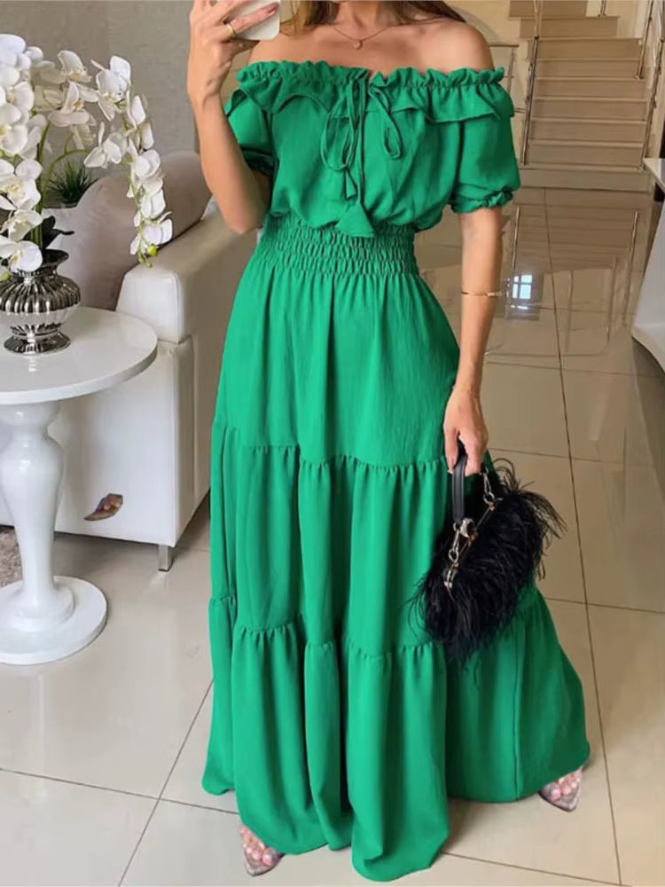 Vestido largo mujer hombros descubiertos con volantes - Malena