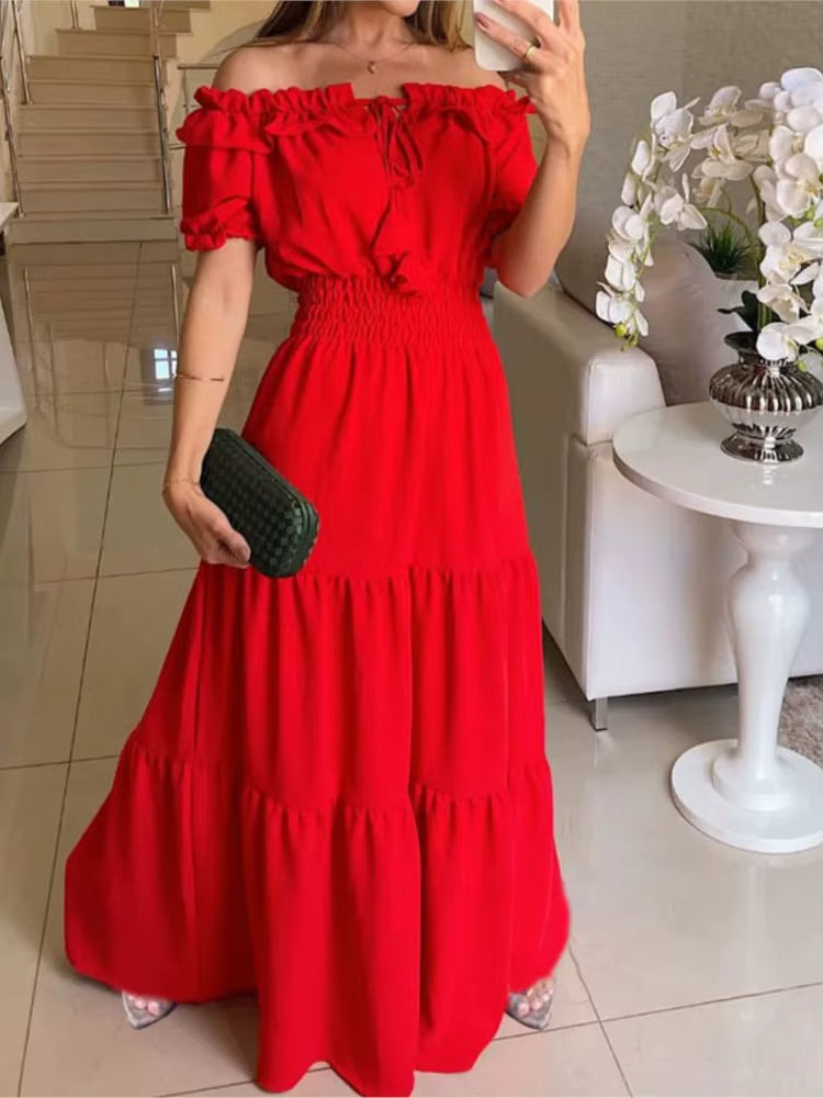 Vestido largo mujer hombros descubiertos con volantes - Malena