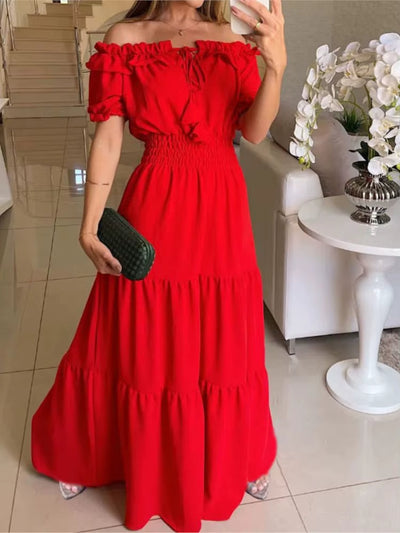 Vestido largo mujer hombros descubiertos con volantes - Malena