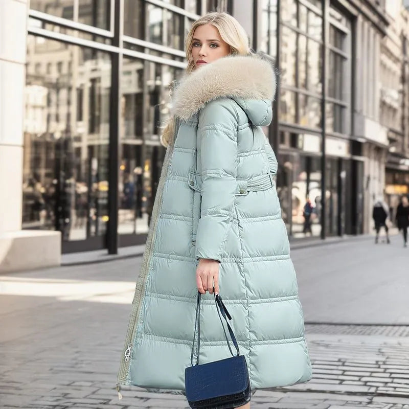 Bonnie - Abrigo largo de invierno para mujer con capucha de piel y cinturón