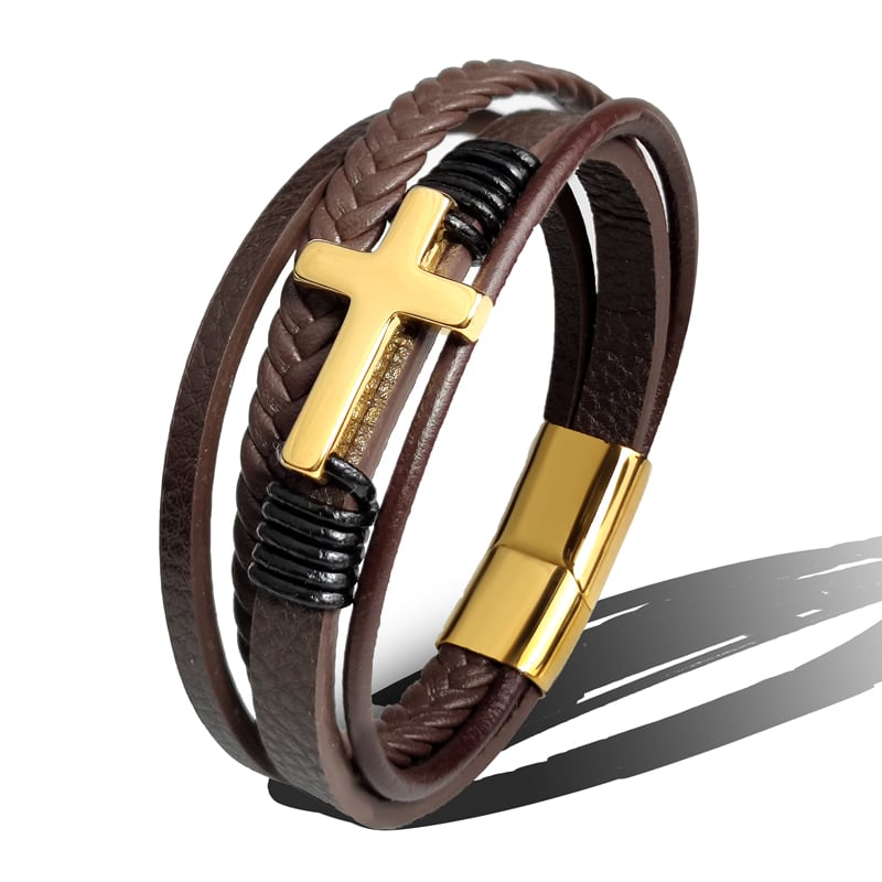 Pulsera hombre cuero trenzado con cruz acero - Sentinel