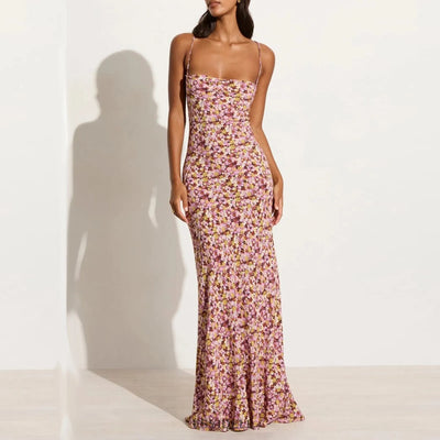 Lenay - Vestido largo de tirantes con estampado floral cruzado y fluido