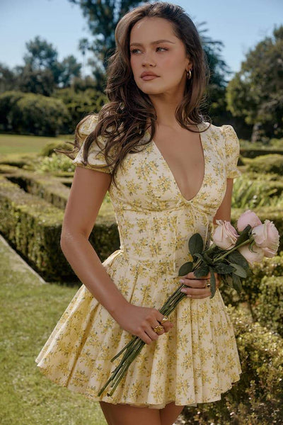 Emily - Vestido Mini con Corsé y Cuello en V de Flores