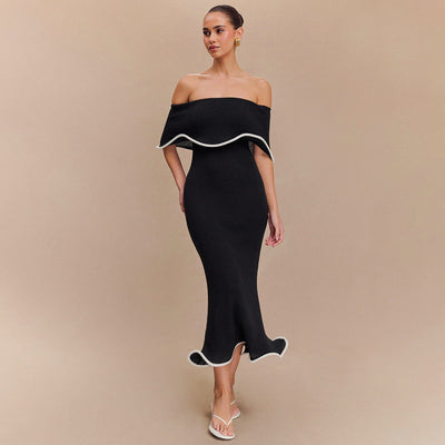 Vestido largo para mujer de escote bardot con volantes estilo sirena - Camila