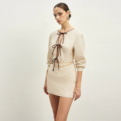 Vestido corto mujer lino lazos decorativos estilo elegante - Renata